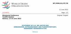 WTO官方公布孙宇晨MC12发言全文 涉电子商务等重大议题